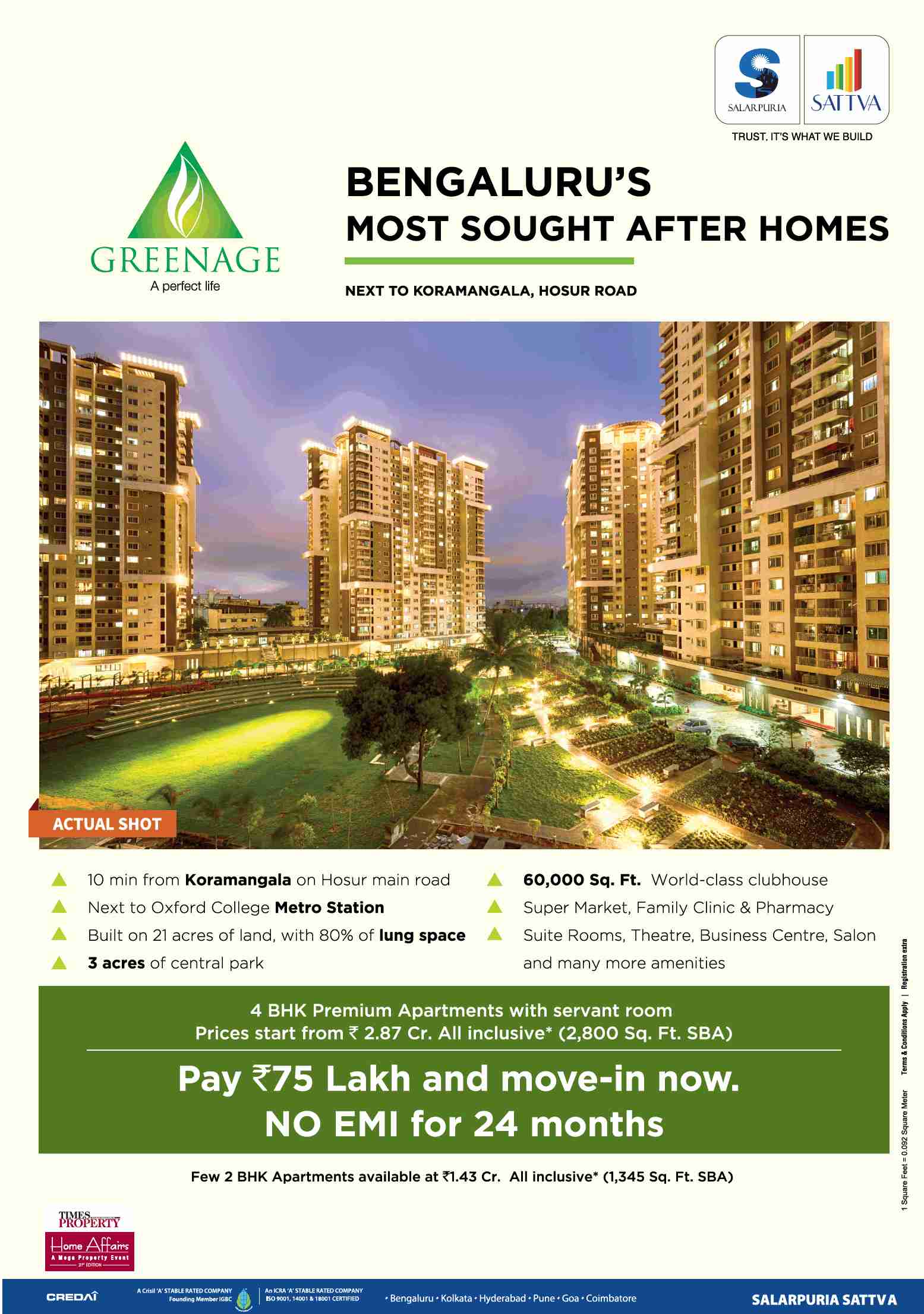 Pay Rs 75 Lakh & move in now with no EMI for 24 months at Salarpuria Sattva Greenage in Bangalore